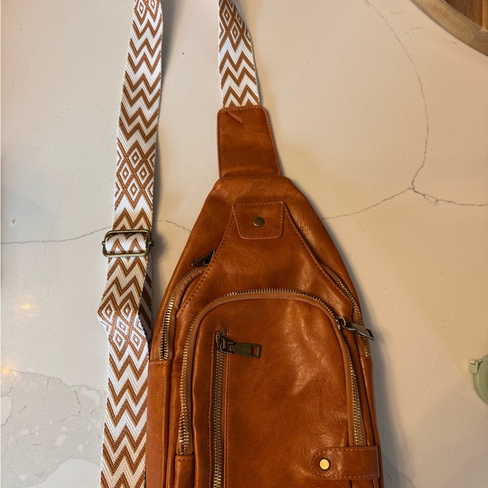Tan Faux Leather Sling Bag with Patterned Strap